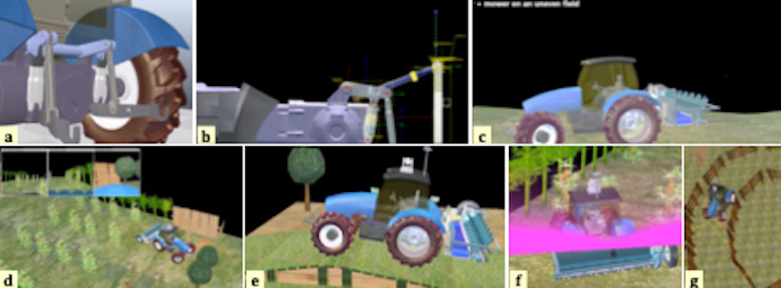 Figure 5 Different scenes of dynamic simulation studies: tractor, mower, orchard and obstacles.