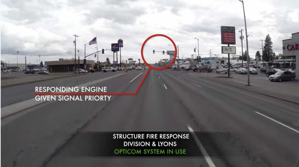 Opticom-equipped fire truck approaches intersection. Image courtesy Spokane Emergency Services.