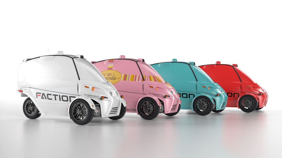 The Faction D1 delivery fleet in four colors.