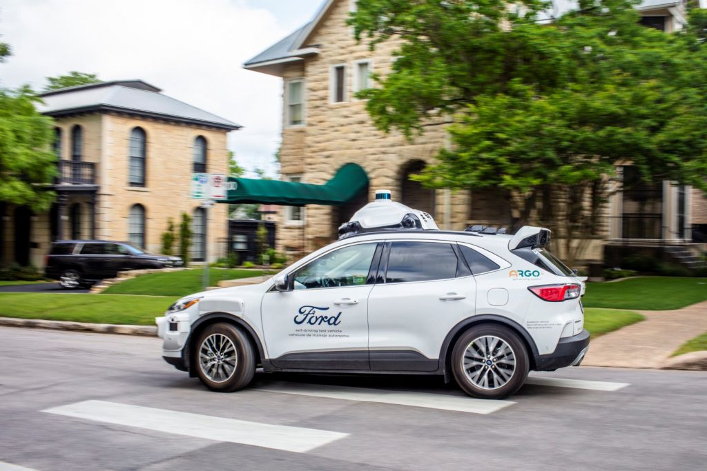 A Ford Escape with Argo AI tech on a driverless test ride in Austin, TX.