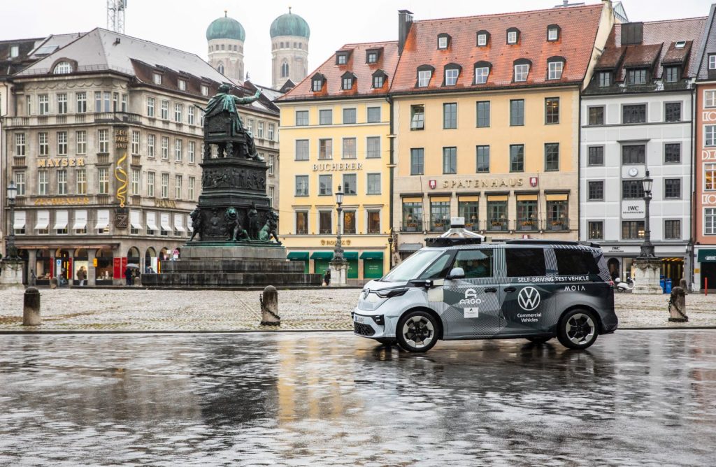 An Argo AI-powered ID. Buzz autonomous vehicle drives in Munich, Germany.