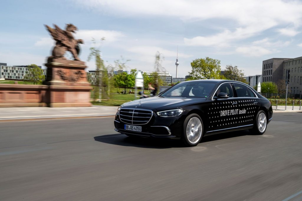 Mercedes-Benz is the first company to win approval in Germany for SAE Level 3 driving, the new option available on its S Class (shown) and EQS lines.