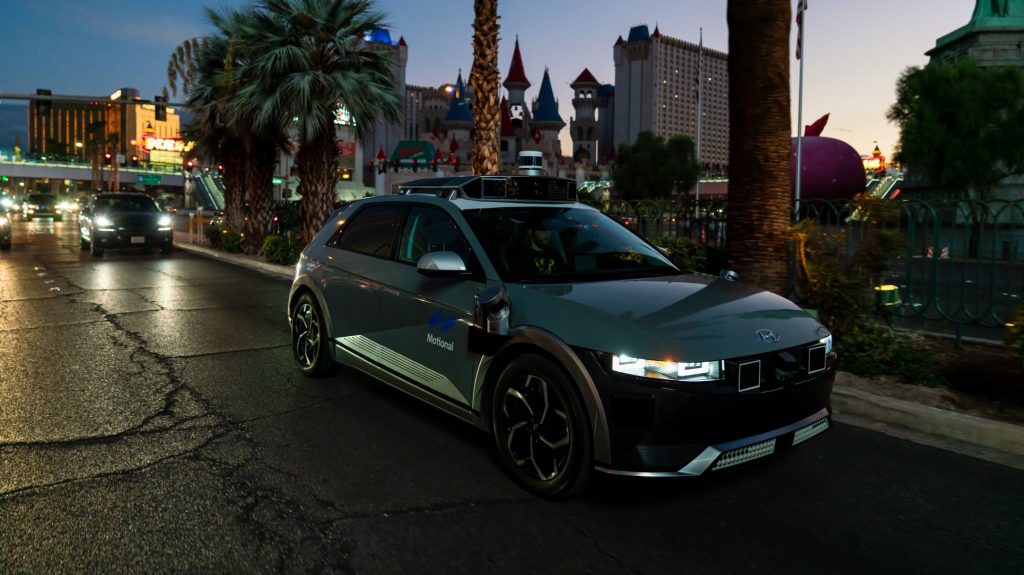 The Motional Ioniq 5 robotaxi is now carrying ride-hail passengers on The Strip in Las Vegas at night.