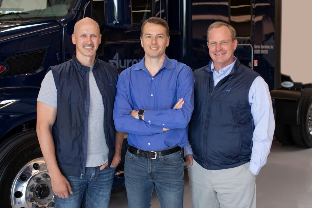 Aurora was co-founded in 2017 by (L to R) Chief Product Officer Sterling Anderson, CEO Chris Urmson, and Chief Scientist Drew Bagnell. (Source - Aurora)