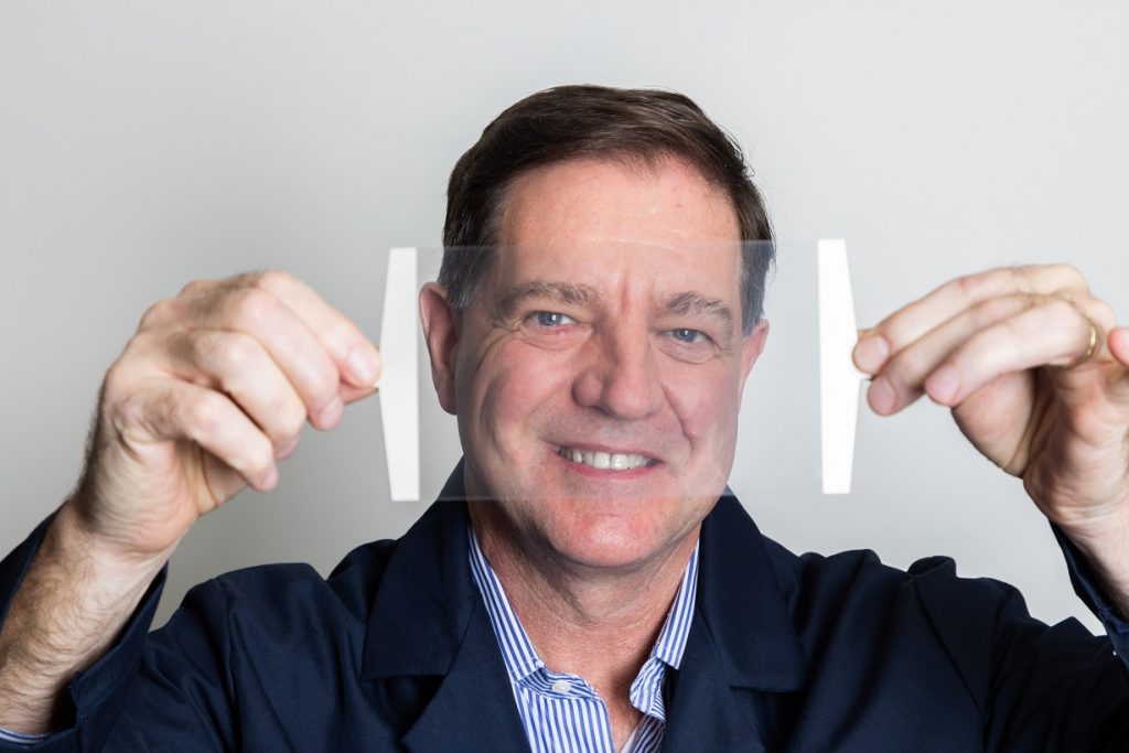 Chasm CEO David Arthur demos AgeNT heater foil transparency.