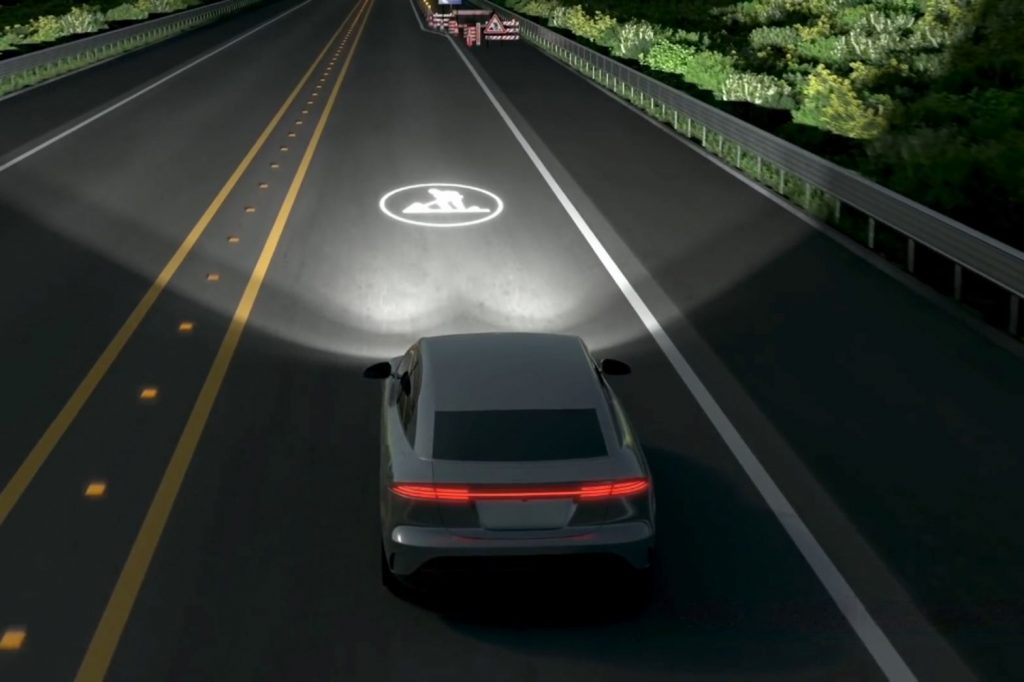 The Hyundai Mobis HD Lighting System can show driver and pedestrian information on the road surface in real-time.