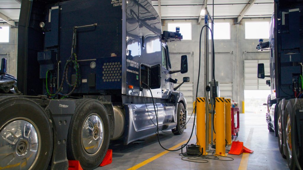 Aurora-powered autonomous truck inside its new Houston Terminal.